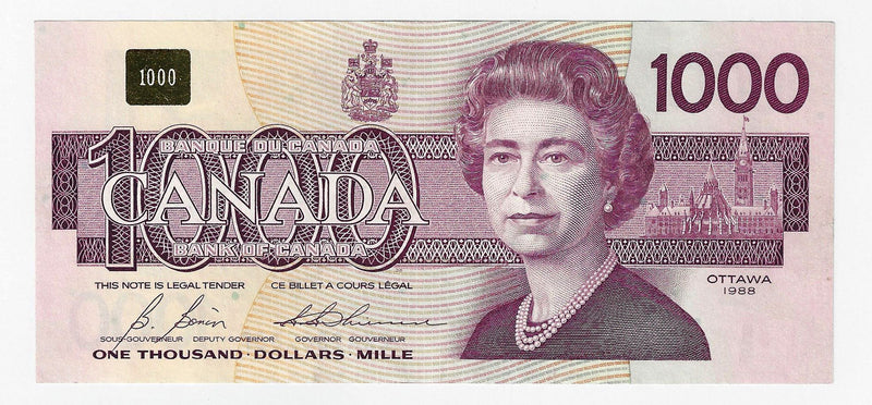 1988 Canada $1000 Banknote  Bonin-Thiessen ,EKA, BC-61b (UNC)