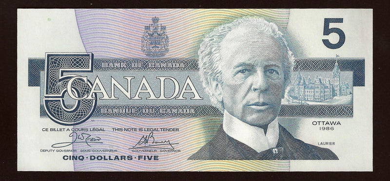 1986 $5 Bank Of Canada Note Crow-Bouey Yellow (B.P.N.)Prefix ENB3163713 BC-56a (Ch/Unc)