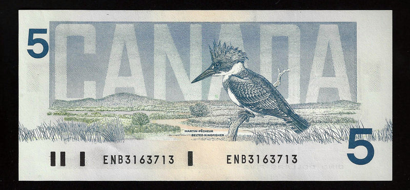 1986 $5 Bank Of Canada Note Crow-Bouey Yellow (B.P.N.)Prefix ENB3163713 BC-56a (Ch/Unc)