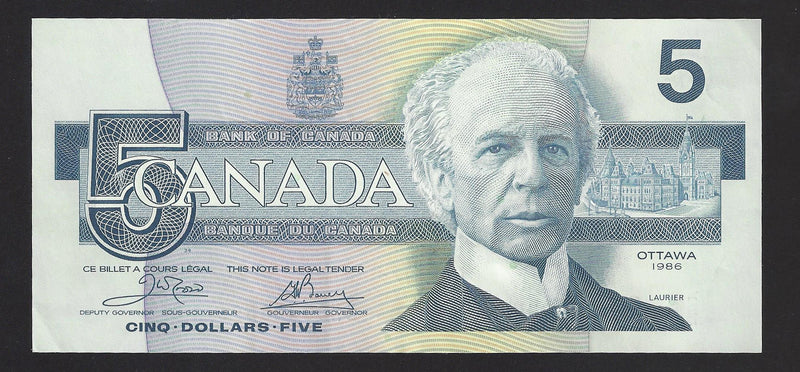 1986 $5 Bank Of Canada Note Crow-Bouey Yellow (B.P.N.)Prefix ENC0448596 BC-56a (Ch/Unc)