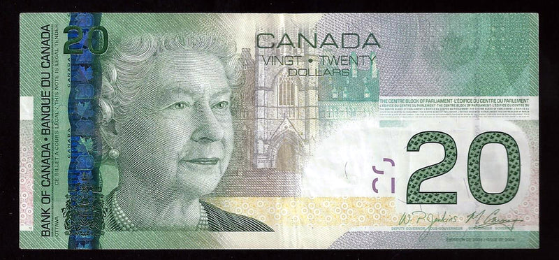 2008 $20 Bank of Canada Note 2 Digit Radar Jenkins-Carney ERW5755575 BC-56b-N1-ii-N10-iii (VF/EF)