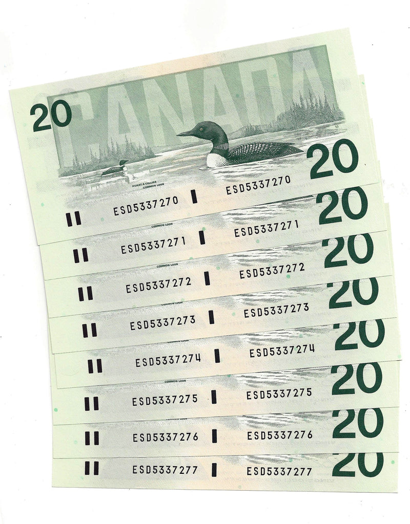 8 Sequential 1991 Canada $20 Banknote Thiessen-Crow, ESD, BC-58a C/UNC