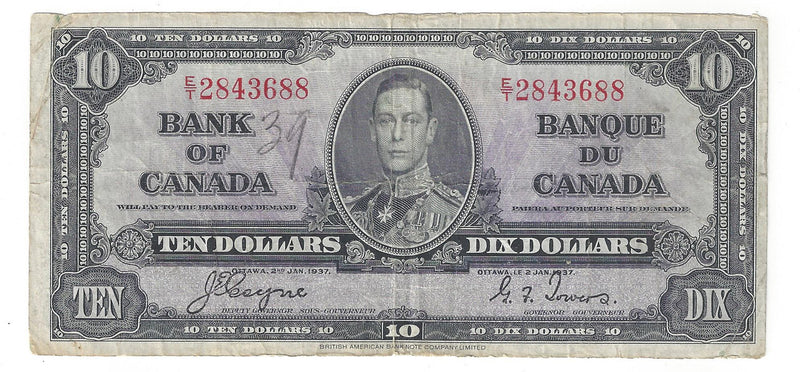 1937 $10 Bank of Canada Note Coyne-Towers Prefix E/T2843688 BC-24c (VG)