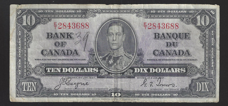 1937 $10 Bank of Canada Note Coyne-Towers Prefix E/T2843688 BC-24c (Fine)