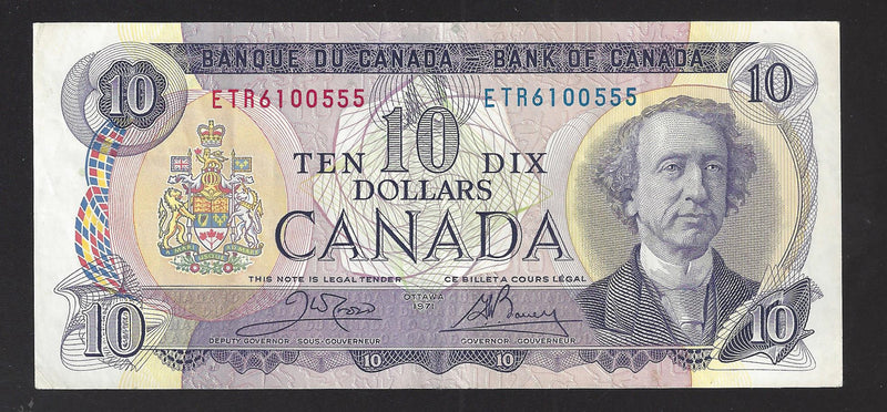 1971 $10 Bank of Canada Note Crow-Bouey Prefix ETR6100555 BC-49d (EF)