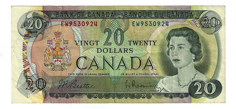 1969 Canada $20 Banknote  Beattie-Rasminsky,  BC-50a, Circ.