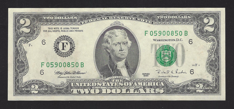 1995 USA $2 Two Dollar Bill Series (F) Green Seal Number F05900850A (UNC)