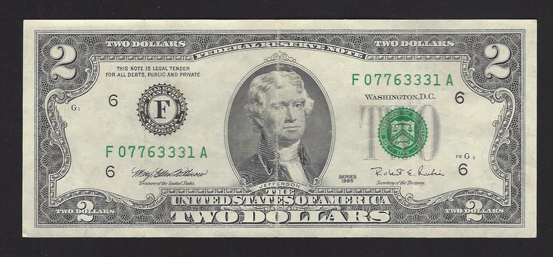 1995 USA $2 Two Dollar Bill Series (F) Green Seal Number F07763331A (VF)