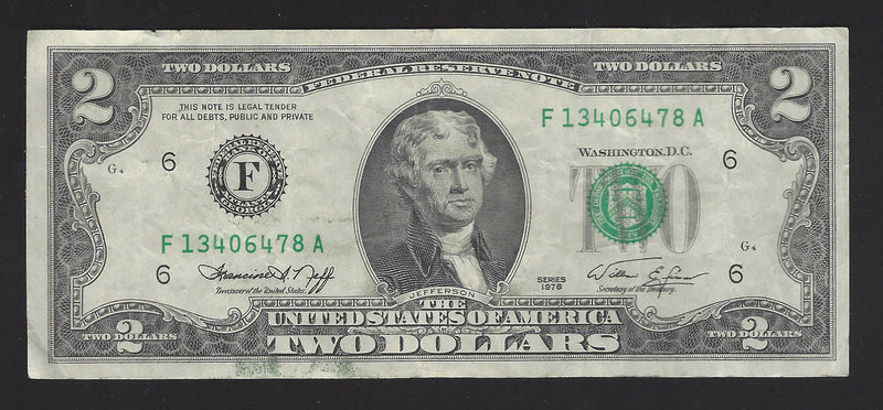 1976 USA $2 Two Dollar Bill Series (F) Green Seal Number F13406478A (F-VF)