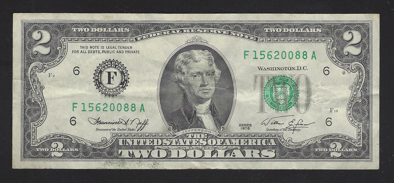 1976 USA $2 Two Dollar Bill Series (F) Green Seal Number F15620088A (VF)