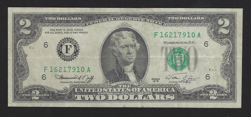 1976 USA $2 Two Dollar Bill Series (F) Green Seal Number F16217910A (VF)