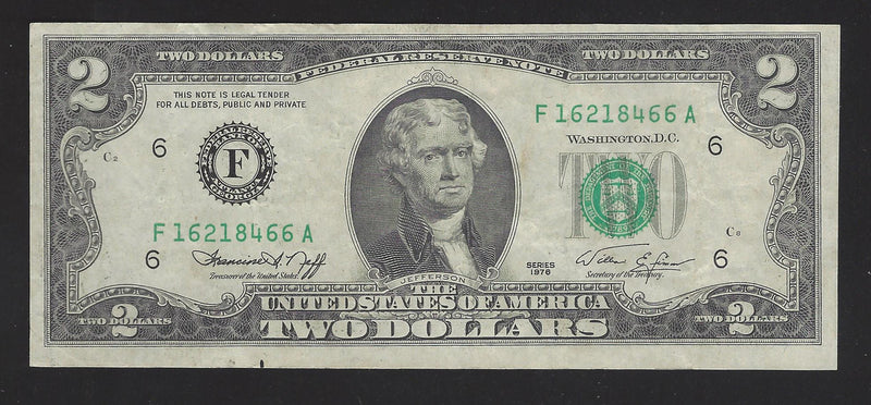 1976 USA $2 Two Dollar Bill Series (F) Green Seal Number  F16218466A (VF)