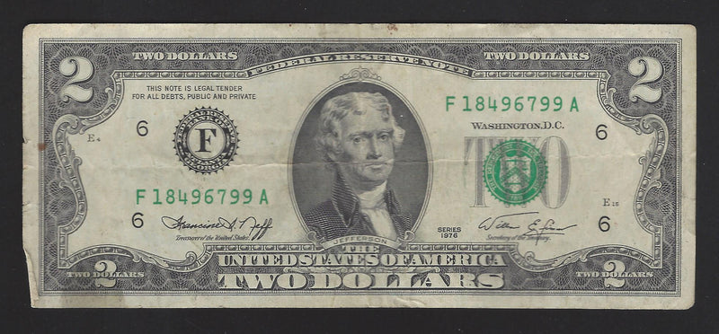 1976 USA $2 Two Dollar Bill Series (F) Green Seal Number F18496799A (Fine)