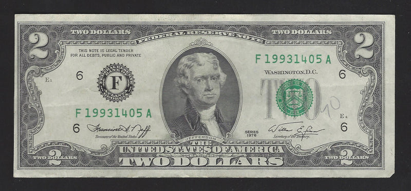 1976 USA $2 Two Dollar Bill Series (F) Green Seal Number F19931405A (VF)