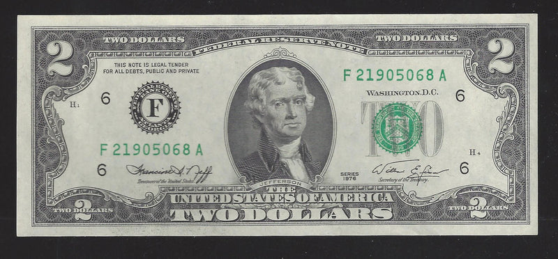 1976 USA $2 Two Dollar Bill Series (F) Green Seal Number F21905068A (EF)