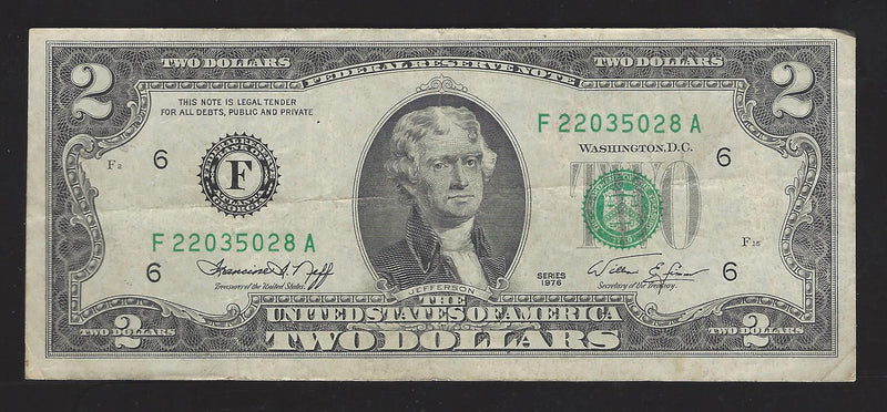 1976 USA $2 Two Dollar Bill Series (F) Green Seal Number F22035028A (F-VF)