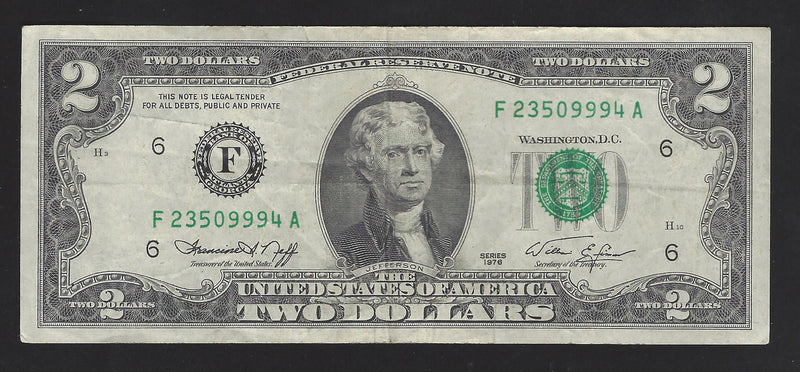 1976 USA $2 Two Dollar Bill Series (F) Green Seal Number F23509994A (Fine)