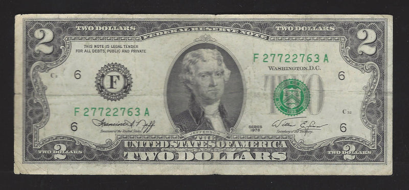 1976 USA $2 Two Dollar Bill Series (F) Green Seal Number F27727763A (VF)