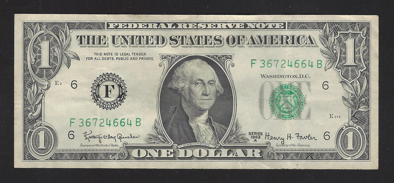 1963 A USA $2 Two Dollar Bill Series (F) Green Seal Number F36724664B (VF)