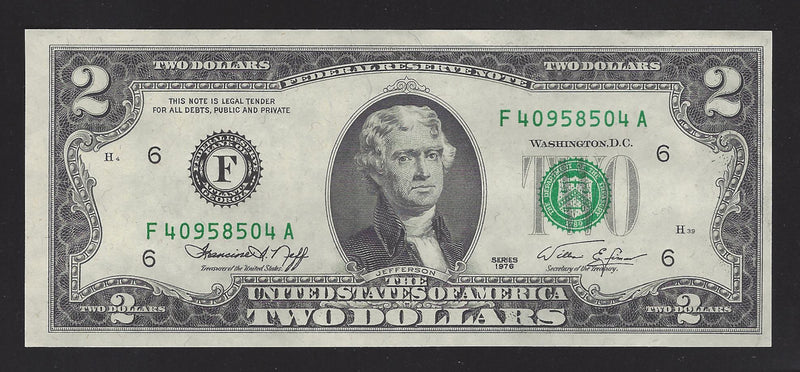 1976 USA $2 Two Dollar Bill Series (F) Green Seal Number F40958504A (UNC)