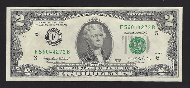 1995 USA $2 Two Dollar Bill Series (F) Green Seal Number F56044273B (UNC)