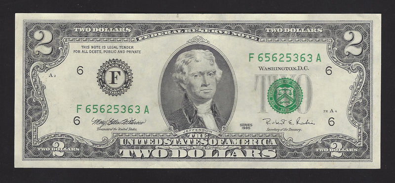 1995 USA $2 Two Dollar Bill Series (F) Green Seal Number F65625363A (UNC)