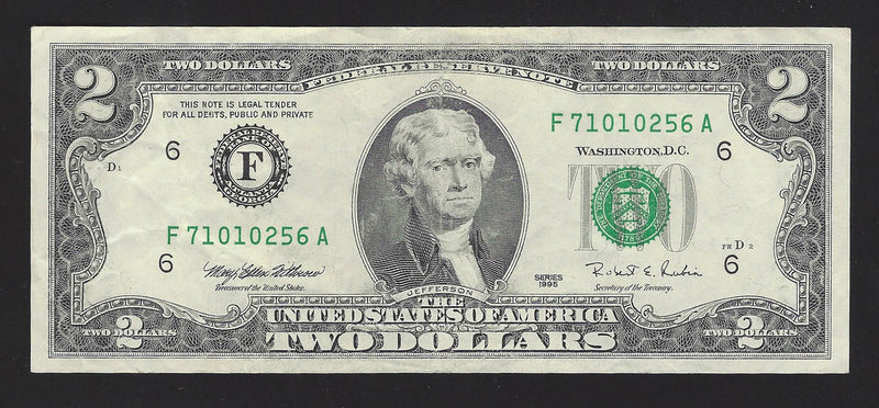 1995 USA $2 Two Dollar Bill Series (F) Green Seal Number F71010256A (VF)