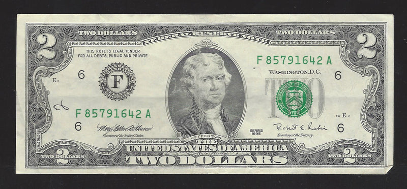 1995 USA $2 Two Dollar Bill Series (F) Green Seal Number F85791642A (VF)