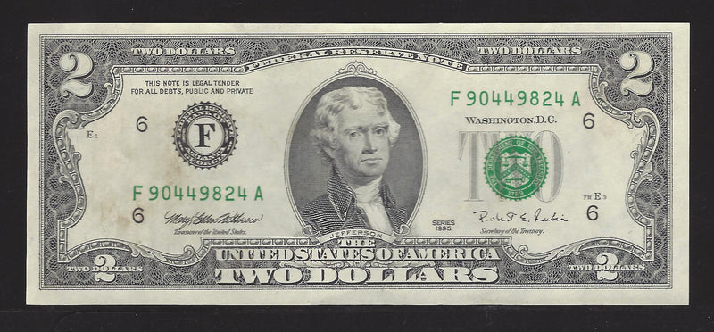 1995 USA $2 Two Dollar Bill Series (F) Green Seal Number  F90449824A (UNC)