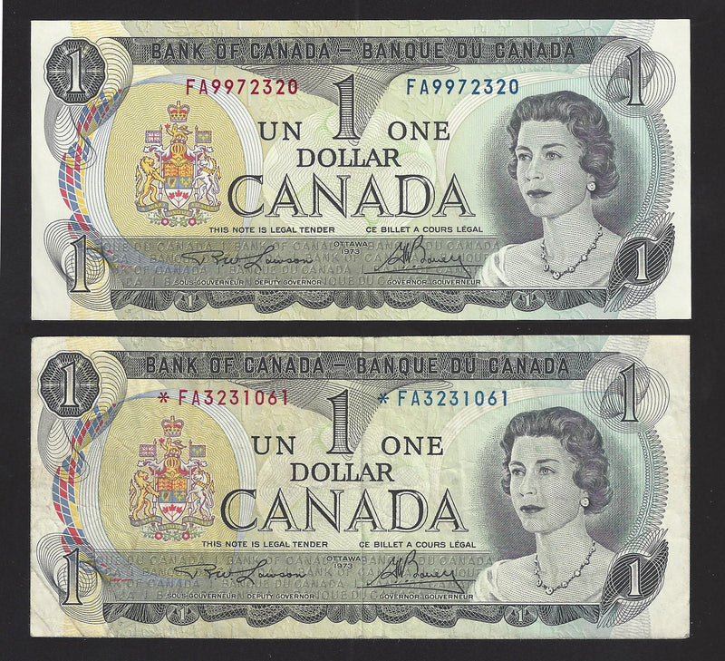 1973 $1 Pair Bill Bank of Canada Note Lawson-Bouey Prefix FA9972320/*FA3231061 (UNC/VF)