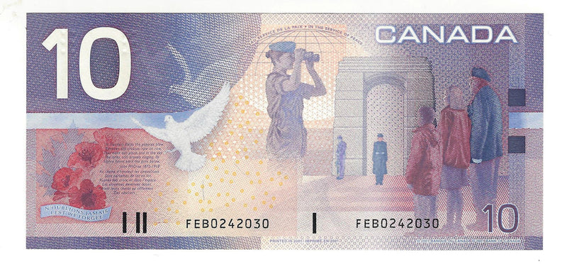 2001 Canada $10 Banknote Knight-Dodge ,FEB, BC-63b  (GEM/UNC)