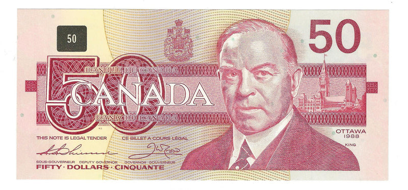 1988 Canada $50 Banknote  Thiessen-Crow ,FHD, BC-59a  (UNC)