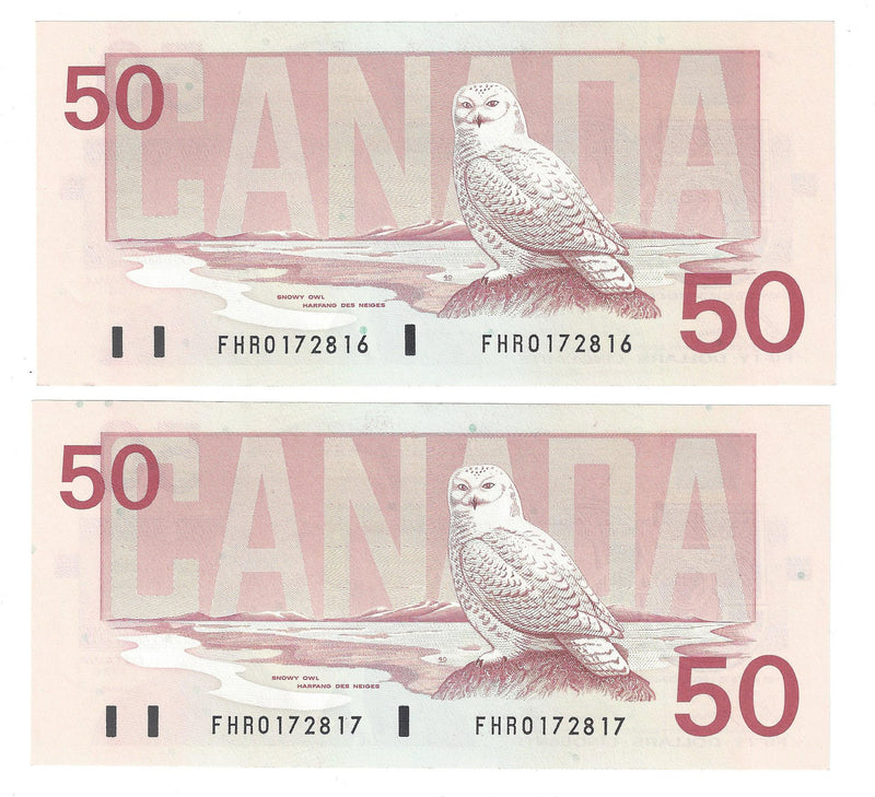2 Sequential 1988 Canada $50 Banknote  Bonin-Thiessen ,FHR, BC-59b  (UNC)