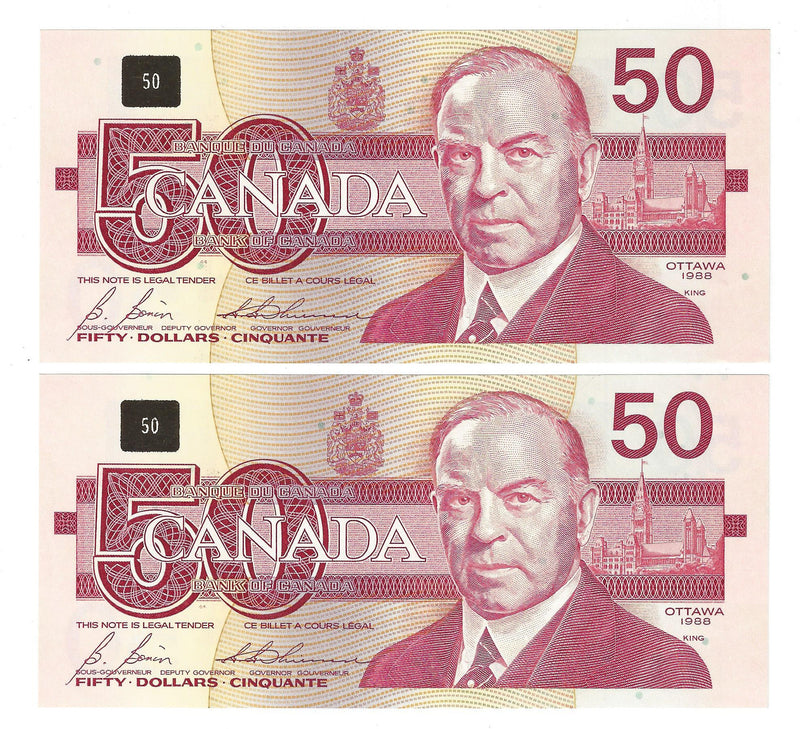 2 Sequential 1988 Canada $50 Banknote  Bonin-Thiessen ,FHR, BC-59b  (UNC)