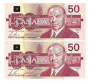 2 Sequential 1988 Canada $50 Banknote  Bonin-Thiessen ,FHR, BC-59b  (UNC)
