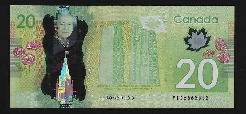 2012 $20 Bank of Canada Note Macklem-Carney Prefix FIS6665555 BC-71a (Ch/Unc)