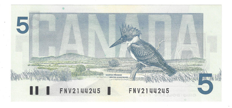 1986 Canada $5 Banknote Thiessen-Crow ,FNV, BC-56b  (C/UNC)