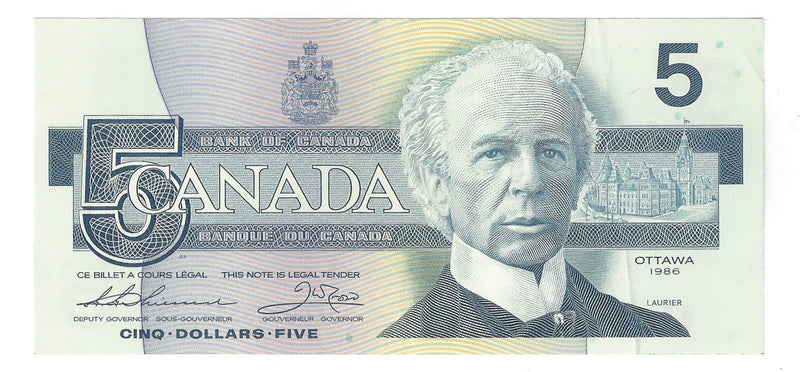1986 Canada $5 Banknote Thiessen-Crow ,FOK, BC-56b  (C/UNC)