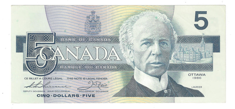 1986 Canada Low Serial Number $5 Banknote Thiessen-Crow ,FOM, BC-55b-i-N5-i  (UNC)
