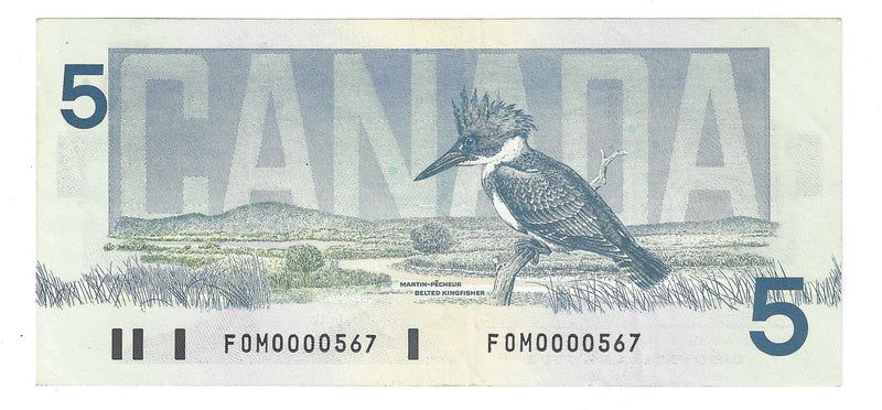 1986 Canada Low Serial Number $5 Banknote Thiessen-Crow ,FOM, BC-55b-i-N5-i  (UNC)
