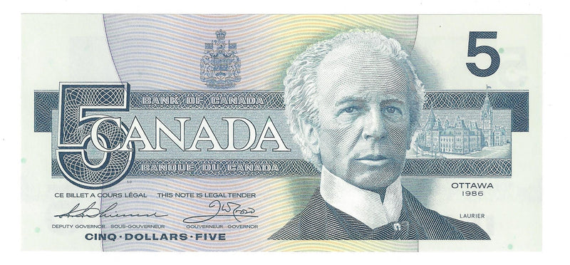 1986 Canada $5 Banknote Thiessen-Crow ,FPM, BC-56b  (C/UNC)
