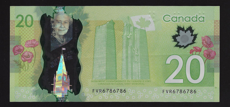 2012 $20 Bank of Canada Repeter Number Wilkins-Poloz FVR6786786 BC-71b (Circ.EF)