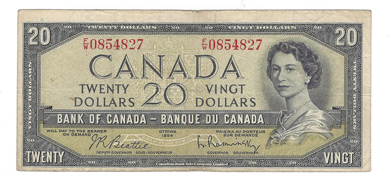 1954 Canada $20 Banknote Beattie-Rasminsky, F/W, BC-41b (F/VF)