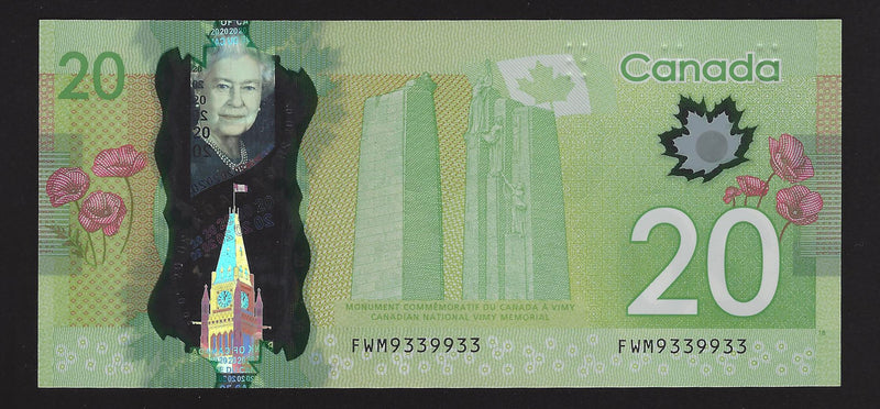 2012 $20 Bank of Canada Radar Repeter Note 2 Digit Wilkins-Poloz FWM9339933 BC-55-N1-ii-N10-i (Au)