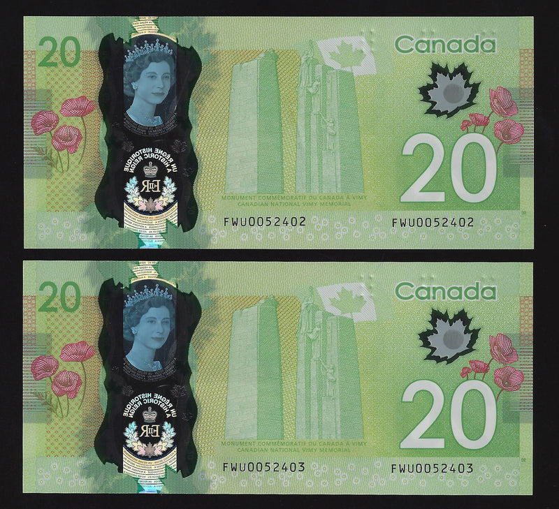 2015 2 Cosecutive $20 Bank of Canada Commemorative Note Wilkins-Poloz  FWU0052402 BC-74 (Gem Unc)