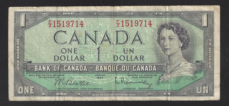 1954 $1 Bank of Canada Note Beattie-Rasminsky Prefix F/Z1519714 BC-37b-i (Circ.)