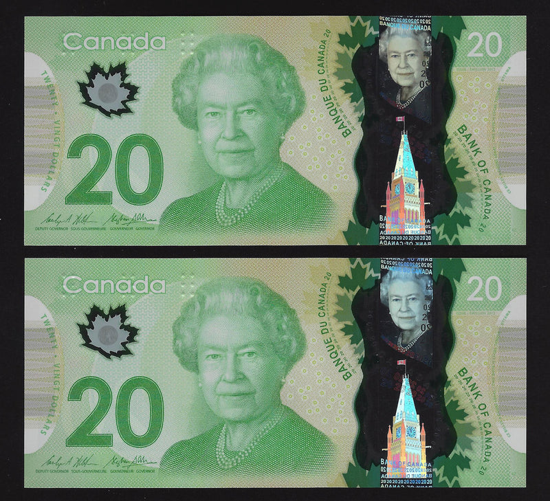 2012 $20 2 Consecutive Bank of Canada Note Wilkins-Poloz Prefix FZE9334188,89 BC-71b (Ch/Unc)