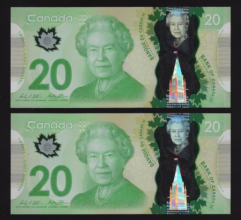 2012 2 Consecutive $20 Bank of Canada Note Macklem-Carney Prefix FZE9334188,189 BC-71b (Gem/Unc)