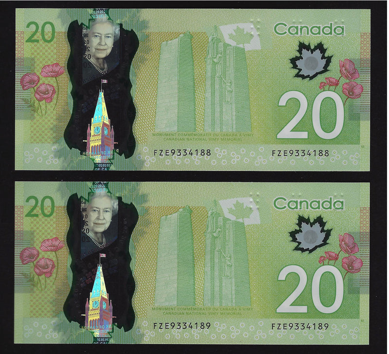 2012 2 Consecutive $20 Bank of Canada Note Macklem-Carney Prefix FZE9334188,189 BC-71b (Gem/Unc)
