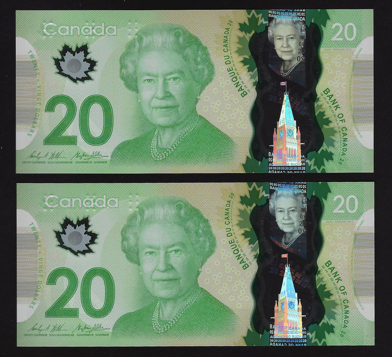 2012 $20 2 Consecutive Bank of Canada Note Wilkins-Poloz Prefix FZH7246814,15 BC-71b (Ch/Unc)